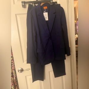 Mary craft blazer, pants suit navy blue three-quarter length Business suit.